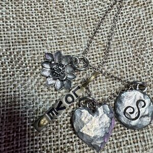 Silver Multi-Charm Necklace with Heart, Flower & Initial S